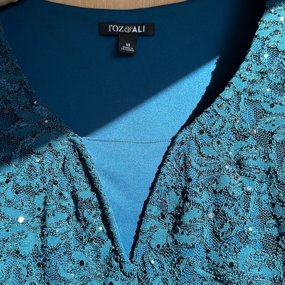 Teal Sparkly Roz & Ali Size 10 Fitted Dress Night Out Cocktail Formal Cap Sleeve - Picture 8 of 10